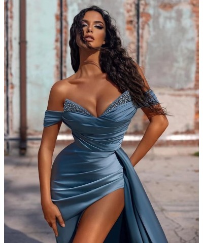 Prom Dresses Satin Ball Gown 2024 Off Shoulder Mermaid Long Slit Beaded Formal Evening Party Bridesmaid Gowns for Women Regen...