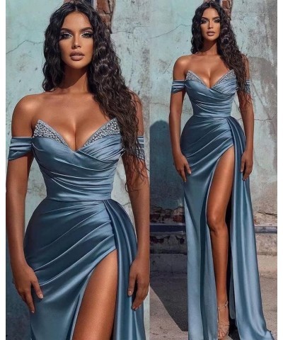 Prom Dresses Satin Ball Gown 2024 Off Shoulder Mermaid Long Slit Beaded Formal Evening Party Bridesmaid Gowns for Women Regen...