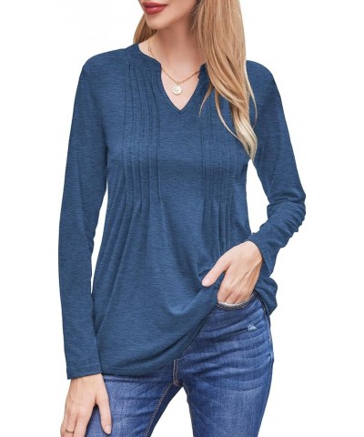 Womens V Neck Long Sleeve Shirts Pleated Dressy Casual Blouses Loose Fit Tunic Tops Blue $18.28 Tops