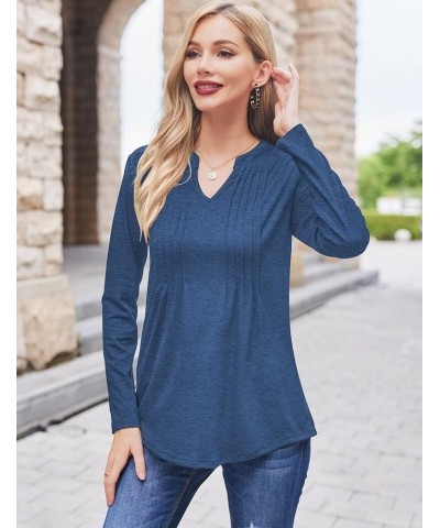 Womens V Neck Long Sleeve Shirts Pleated Dressy Casual Blouses Loose Fit Tunic Tops Blue $18.28 Tops