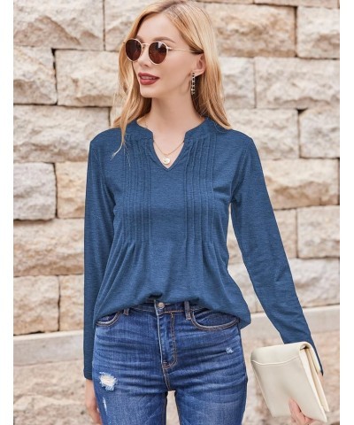 Womens V Neck Long Sleeve Shirts Pleated Dressy Casual Blouses Loose Fit Tunic Tops Blue $18.28 Tops