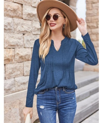 Womens V Neck Long Sleeve Shirts Pleated Dressy Casual Blouses Loose Fit Tunic Tops Blue $18.28 Tops