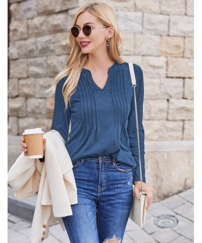 Womens V Neck Long Sleeve Shirts Pleated Dressy Casual Blouses Loose Fit Tunic Tops Blue $18.28 Tops