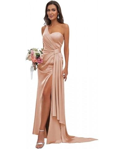 One Shoulder Satin Bridesmaid Dress Long for Women Sleeveless Ruched Formal Dress with Slit LN376 Blush $29.25 Dresses