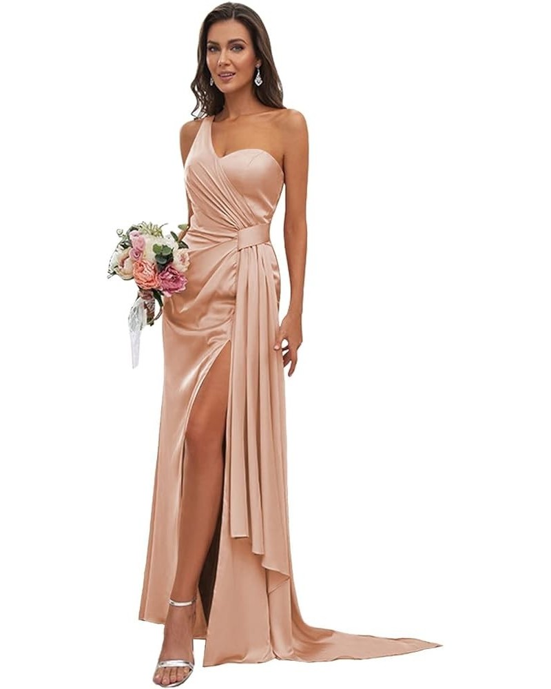 One Shoulder Satin Bridesmaid Dress Long for Women Sleeveless Ruched Formal Dress with Slit LN376 Blush $29.25 Dresses