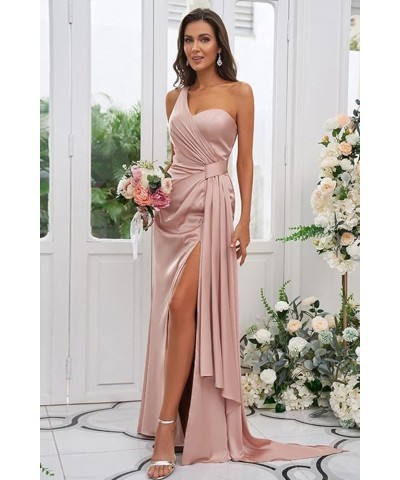 One Shoulder Satin Bridesmaid Dress Long for Women Sleeveless Ruched Formal Dress with Slit LN376 Blush $29.25 Dresses