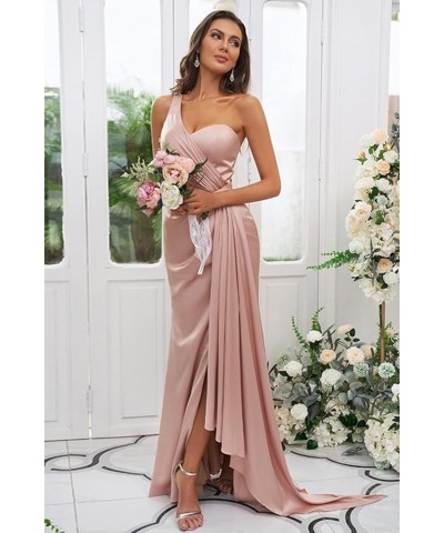 One Shoulder Satin Bridesmaid Dress Long for Women Sleeveless Ruched Formal Dress with Slit LN376 Blush $29.25 Dresses