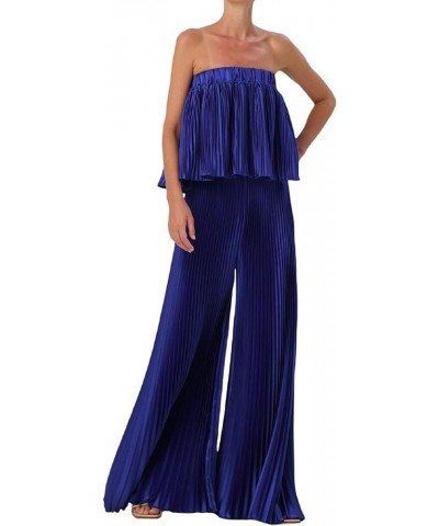 Women Y2k 2 Piece Pants Sets Off Shoulder Strapless Tube Tops Wide Leg Long Trousers Stretchy Two Piece Outfit E-blue Five $1...