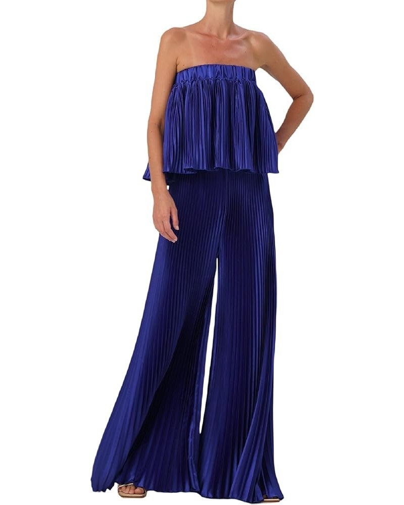 Women Y2k 2 Piece Pants Sets Off Shoulder Strapless Tube Tops Wide Leg Long Trousers Stretchy Two Piece Outfit E-blue Five $1...