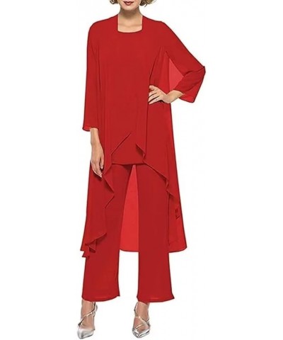 3 Pieces Pants Suits Mother of The Bride Dresses for Wedding Chiffon Long Evening Formal Dress with Jacket Red $30.59 Suits