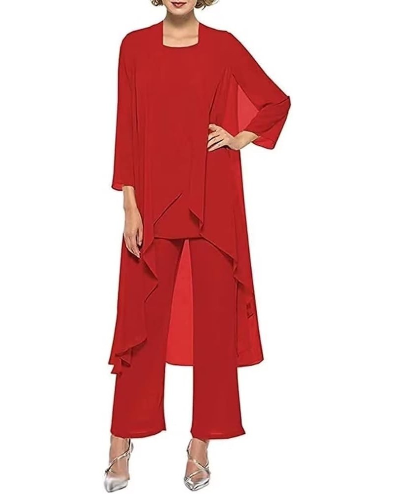 3 Pieces Pants Suits Mother of The Bride Dresses for Wedding Chiffon Long Evening Formal Dress with Jacket Red $30.59 Suits