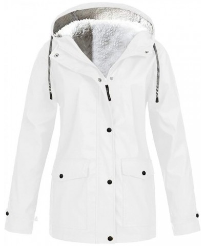 Fleece Lined Raincoat Women Waterproof with Hood Zip Up Lightweight Outdoor Windbreaker Jacket Outerwear 12-white $9.87 Coats