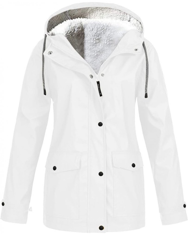 Fleece Lined Raincoat Women Waterproof with Hood Zip Up Lightweight Outdoor Windbreaker Jacket Outerwear 12-white $9.87 Coats