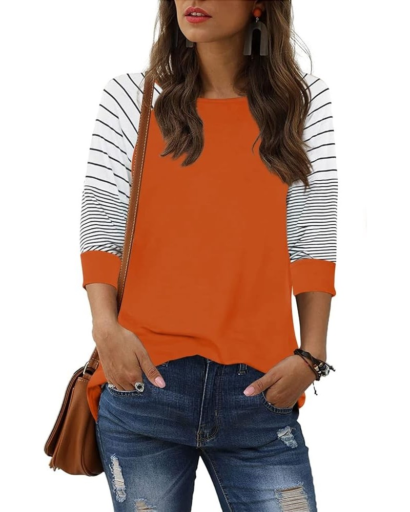 Womens Striped 3/4 Sleeve Tops Casual Raglan Sleeve Shirts Round Neck Long Sleeve T Shirts Tee 03 Orange $8.54 T-Shirts