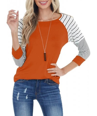 Womens Striped 3/4 Sleeve Tops Casual Raglan Sleeve Shirts Round Neck Long Sleeve T Shirts Tee 03 Orange $8.54 T-Shirts