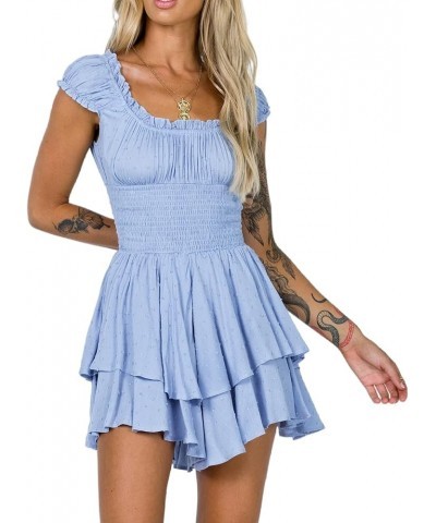 Women's Summer Cotton Puff Sleeves Layered Ruffles Casual Boho Swing Mini Dresses Blue $15.19 Dresses