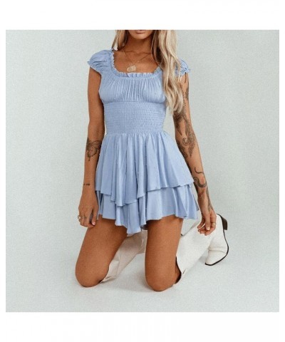 Women's Summer Cotton Puff Sleeves Layered Ruffles Casual Boho Swing Mini Dresses Blue $15.19 Dresses