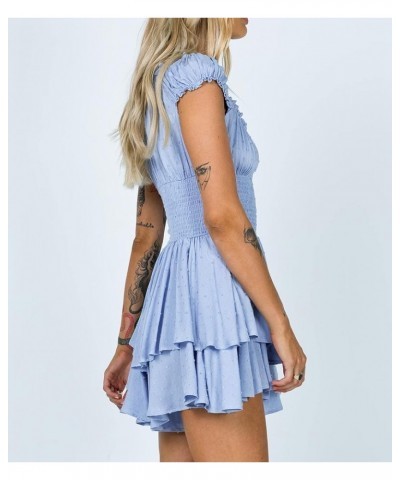 Women's Summer Cotton Puff Sleeves Layered Ruffles Casual Boho Swing Mini Dresses Blue $15.19 Dresses