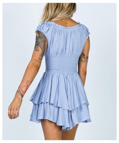 Women's Summer Cotton Puff Sleeves Layered Ruffles Casual Boho Swing Mini Dresses Blue $15.19 Dresses