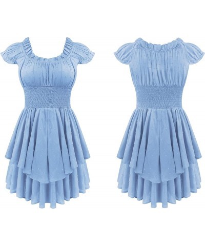 Women's Summer Cotton Puff Sleeves Layered Ruffles Casual Boho Swing Mini Dresses Blue $15.19 Dresses