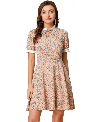 Floral Dresses for Women's Lace Trim Ruffle Tie Neck Short Sleeve A-Line Dress Pink $12.66 Dresses