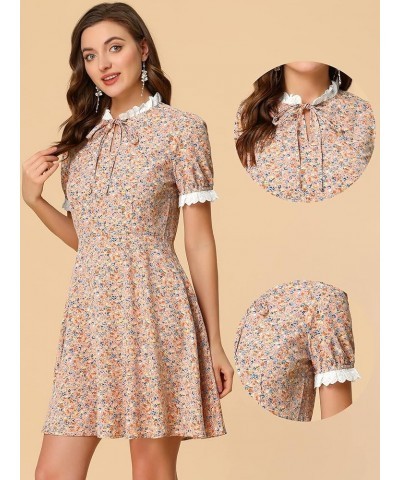 Floral Dresses for Women's Lace Trim Ruffle Tie Neck Short Sleeve A-Line Dress Pink $12.66 Dresses