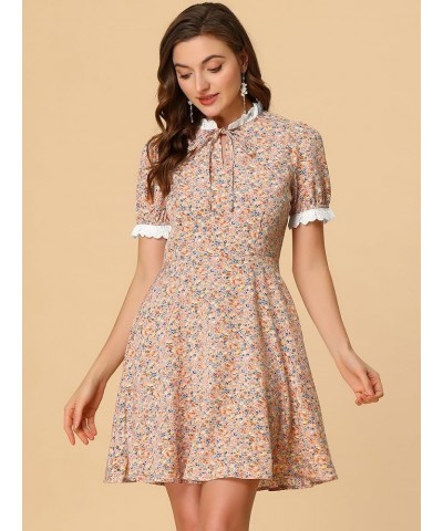 Floral Dresses for Women's Lace Trim Ruffle Tie Neck Short Sleeve A-Line Dress Pink $12.66 Dresses