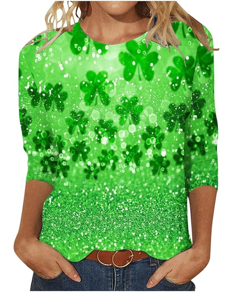 St. Patrick's Day Tshirt Women Lucky Clover Print Irish Shirt 3/4 Sleeve Shirts Shamrock Graphic Tees Crewneck Tops A8-green~...