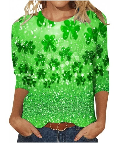 St. Patrick's Day Tshirt Women Lucky Clover Print Irish Shirt 3/4 Sleeve Shirts Shamrock Graphic Tees Crewneck Tops A8-green~...