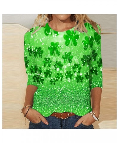 St. Patrick's Day Tshirt Women Lucky Clover Print Irish Shirt 3/4 Sleeve Shirts Shamrock Graphic Tees Crewneck Tops A8-green~...