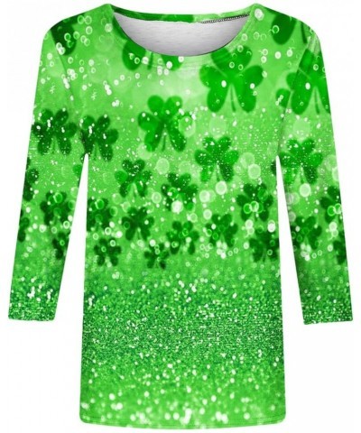 St. Patrick's Day Tshirt Women Lucky Clover Print Irish Shirt 3/4 Sleeve Shirts Shamrock Graphic Tees Crewneck Tops A8-green~...