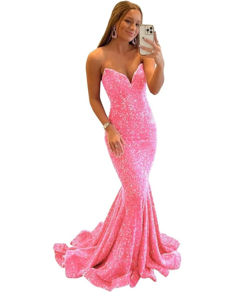 Mermaid Prom Dresses for Women Ball Gown Sparkly Sequin V Neck Long Formal Evening Gown Pink $42.38 Dresses