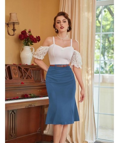 Women's Bodycon Pencil Skirt with Belt Knee Length 1950s Vintage Work Business Skirts Blue $14.80 Skirts