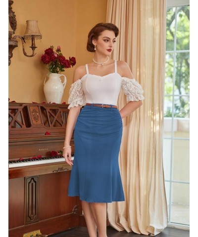 Women's Bodycon Pencil Skirt with Belt Knee Length 1950s Vintage Work Business Skirts Blue $14.80 Skirts