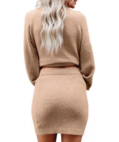 Women's 2 Piece Outfits Sweater Set Puff Long Sleeve Knit Cropped Top and Bodycon Mini Skirt Sweater Dress Khaki $12.25 Sweaters