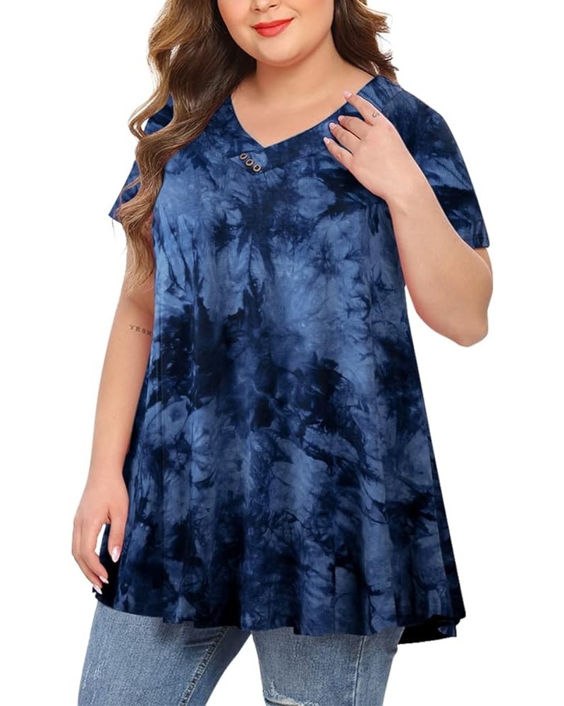 Womens Plus Size Short Sleeve V Neck Button Basic Tunic Tops Summer Swing Shirts Blouses for Leggings Tie Dye Blue $15.67 Tops