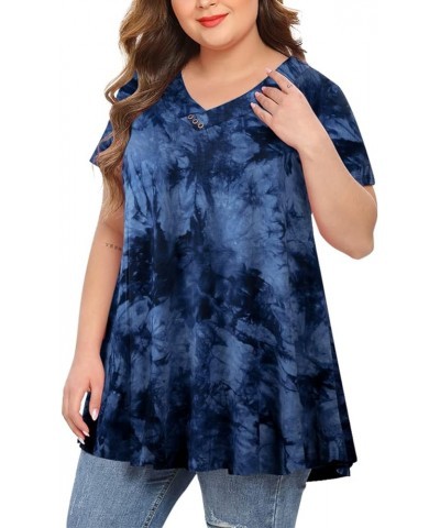 Womens Plus Size Short Sleeve V Neck Button Basic Tunic Tops Summer Swing Shirts Blouses for Leggings Tie Dye Blue $15.67 Tops