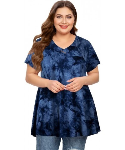 Womens Plus Size Short Sleeve V Neck Button Basic Tunic Tops Summer Swing Shirts Blouses for Leggings Tie Dye Blue $15.67 Tops