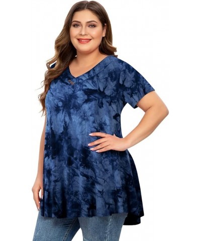 Womens Plus Size Short Sleeve V Neck Button Basic Tunic Tops Summer Swing Shirts Blouses for Leggings Tie Dye Blue $15.67 Tops