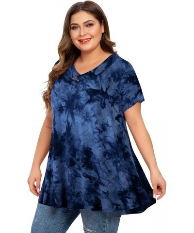 Womens Plus Size Short Sleeve V Neck Button Basic Tunic Tops Summer Swing Shirts Blouses for Leggings Tie Dye Blue $15.67 Tops