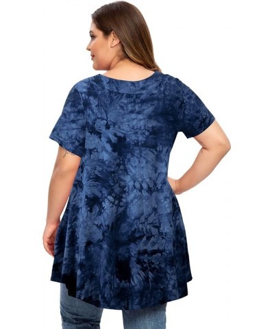 Womens Plus Size Short Sleeve V Neck Button Basic Tunic Tops Summer Swing Shirts Blouses for Leggings Tie Dye Blue $15.67 Tops