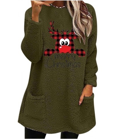 Womens Christmas Sweatshirts Cute Reindeer Graphic Blouse Tops Sherpa Fleece Long Sleeve Shirts with Pocket 01 Army Green $8....