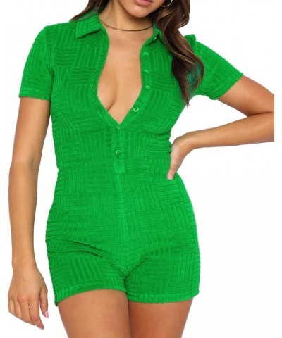 Y2K Women Short Sleeve Jumpsuit 2023 Bodycon Sexy V Neck Buttons Rompers Shorts Knitted One Piece Bodysuit Overall B-green $1...