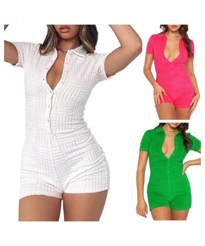 Y2K Women Short Sleeve Jumpsuit 2023 Bodycon Sexy V Neck Buttons Rompers Shorts Knitted One Piece Bodysuit Overall B-green $1...