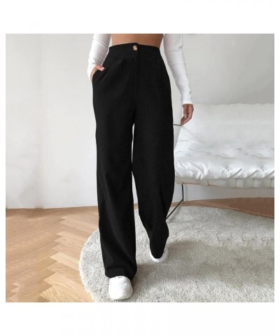 Corduroy Pants for Women Vintage High Waisted Straight Wide Leg Pants Fall Winter Work Lounge Trousers with Pockets Z71-black...