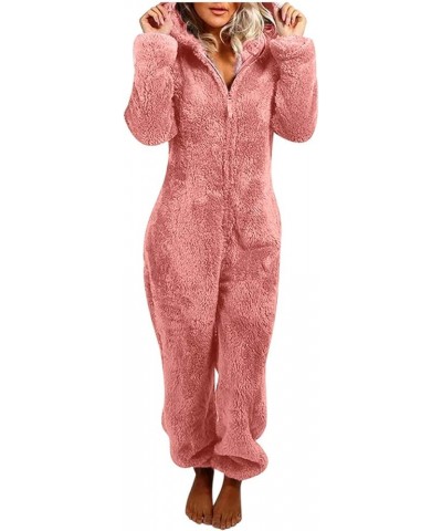 Winter Warm Fleece Onesies Pajamas Womens Funny Cute Sofy Comfy Fuzzy Fluffy Jumpsuit Hooded Long Sleeve Zipper Pyjamas Pink ...