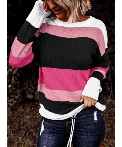 Fall Sweaters Round Neck Striped Cute Winter Pullover Sweaters for Women Trendy 2023 Drawstring Pink $18.71 Sweaters