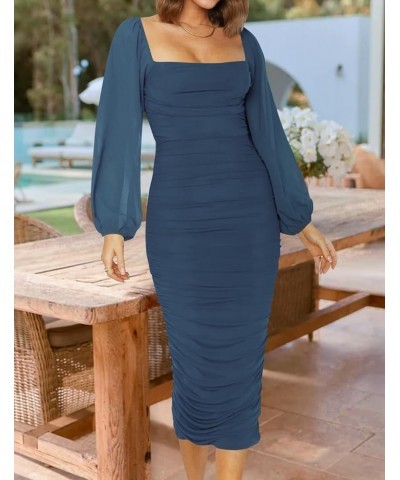 Women's 2024 Sexy Ruched Bodycon Midi Dress Long Puff Sleeve Square Neck Backless Cocktail Party Wedding Dresses Darkblue $32...