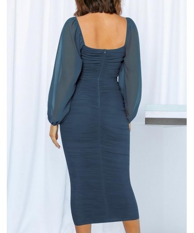 Women's 2024 Sexy Ruched Bodycon Midi Dress Long Puff Sleeve Square Neck Backless Cocktail Party Wedding Dresses Darkblue $32...