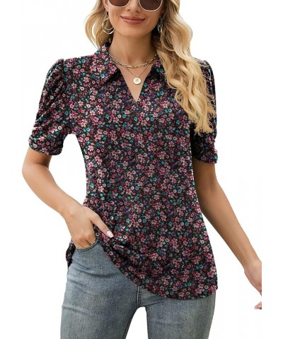 Women's Short Sleeve Polo Shirts V Neck Casual Collared Tops Work Tunic Blouses Black Red Floral $12.18 Shirts